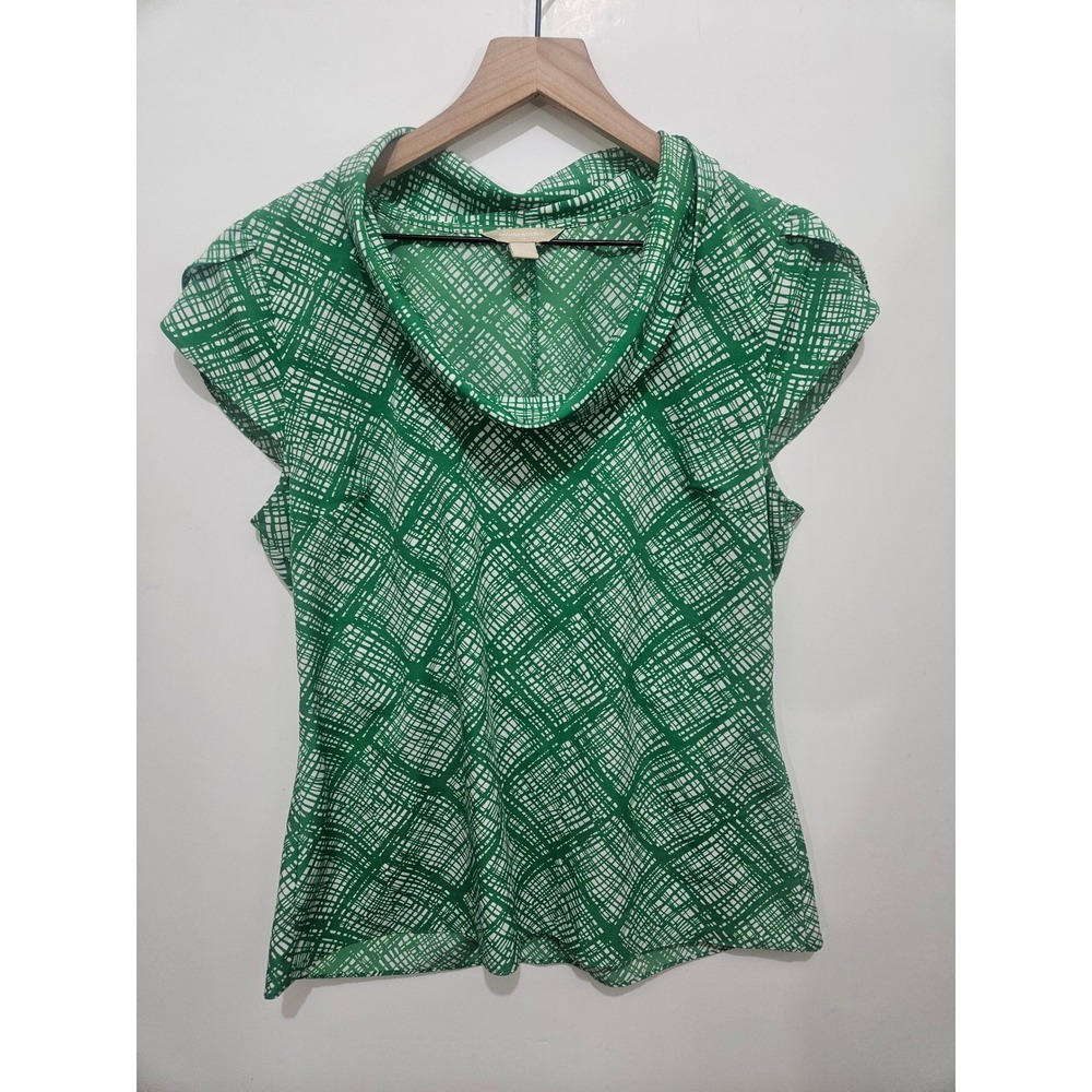 Banana Republic Green White Grid Cowl Neck Blouse Cap Sleeve Top Womens Large